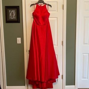 Red long prom gown with corset back